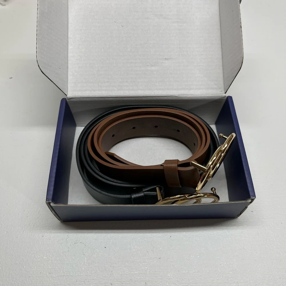 Elegant Black and Brown Women's Belt‎ with Gold Buckle